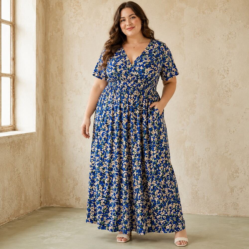 Mikarose Morgan Wrap Maxi Dress Blue Floral Plus Size 1X NWT Stretch